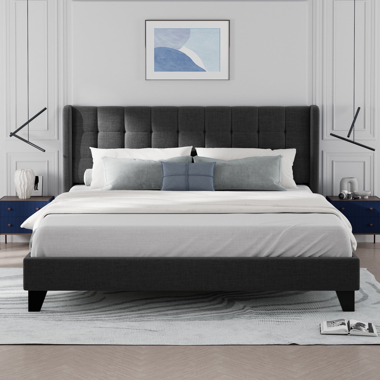 Allewie Platform Bed Frame with Wingback Fabric Upholstered Square Stitched Headboard and Wooden Slats, Grey