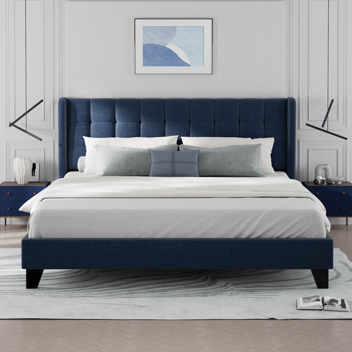 Allewie Platform Bed Frame with Wingback Fabric Upholstered Square Stitched Headboard and Wooden Slats, Grey