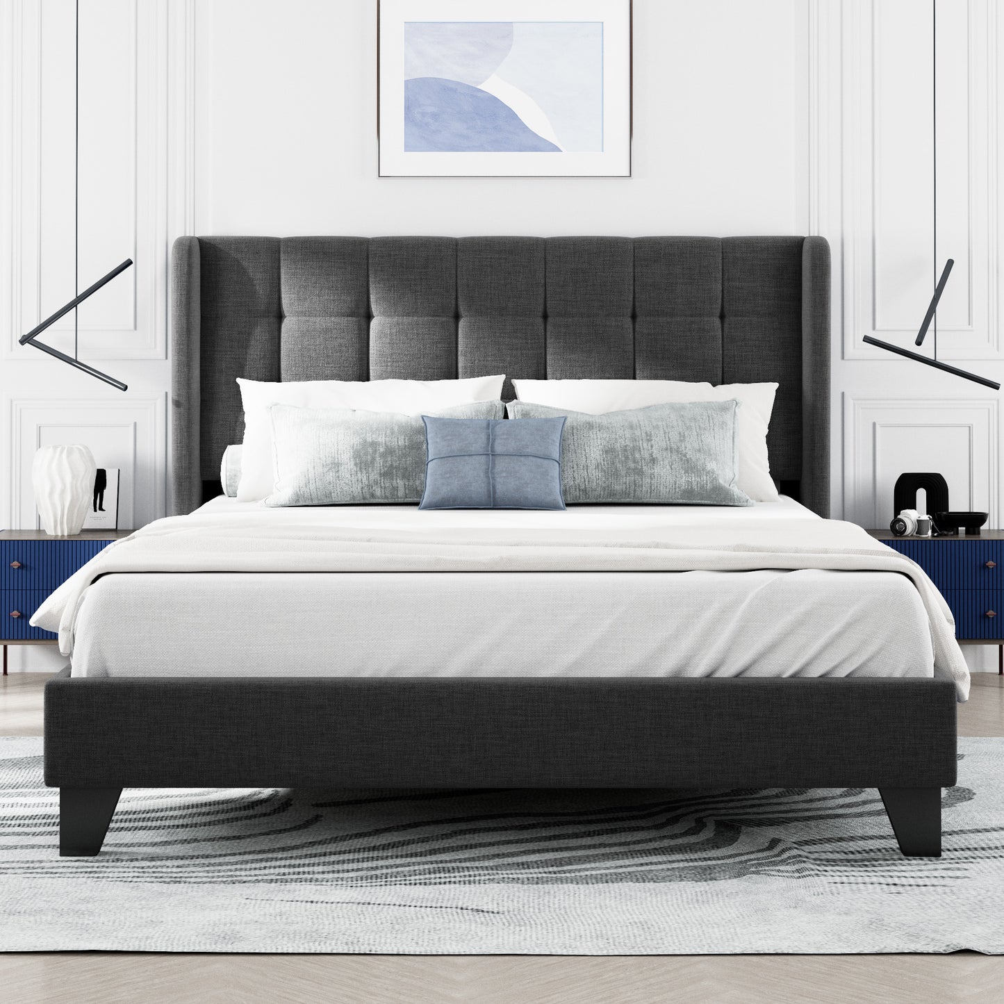 Allewie Platform Bed Frame with Wingback Fabric Upholstered Square Stitched Headboard and Wooden Slats, Grey