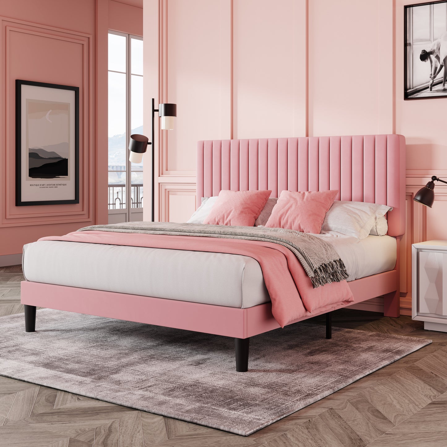 Allewie Velvet Upholstered Platform Bed Frame with Adjustable Vertical Channel Tufted Headboard