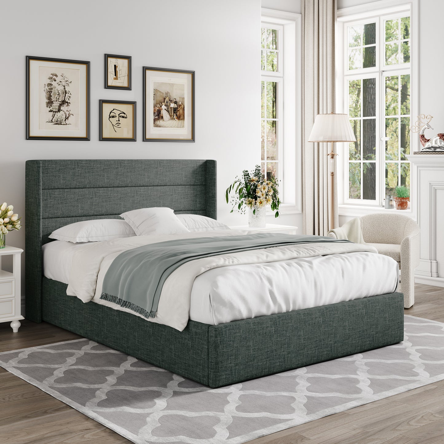 Allewie Lift Up Storage Upholstered Bed with Pannel Wingback Headboard