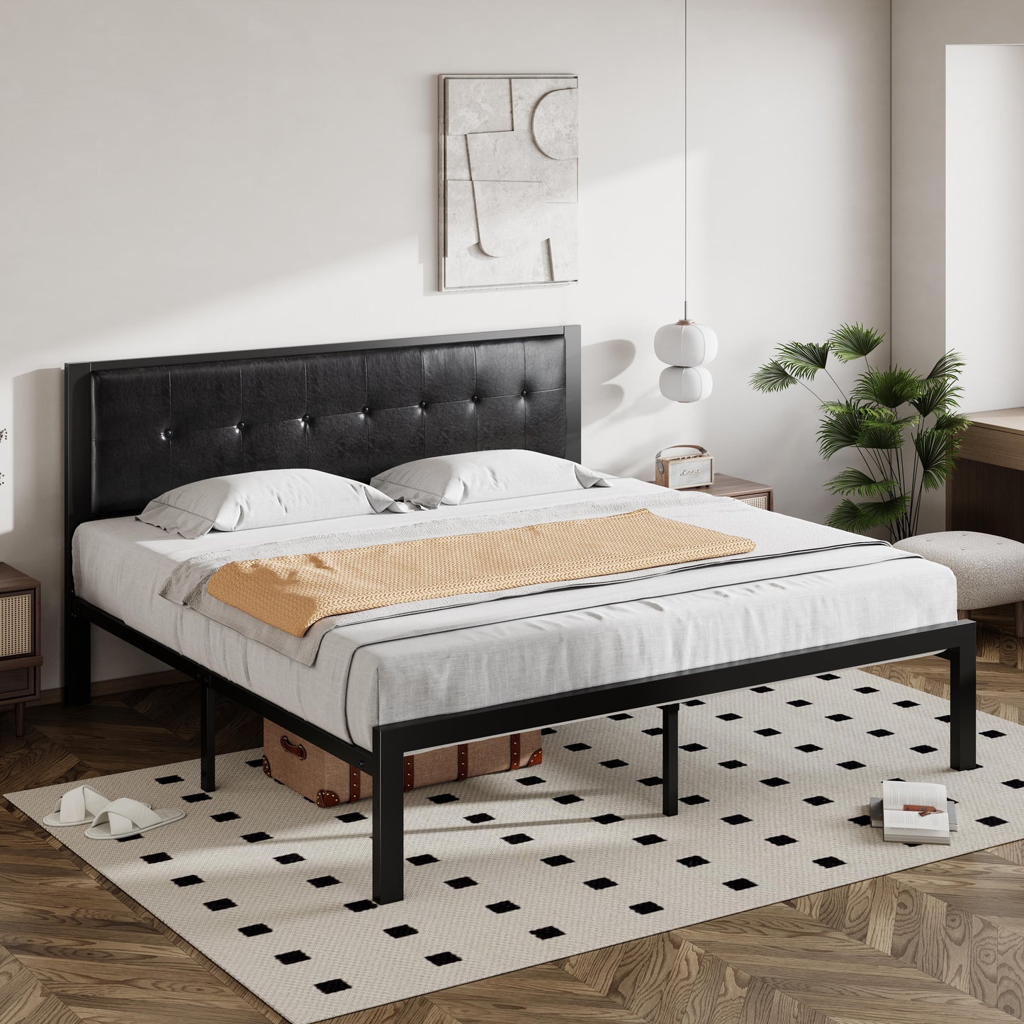 Allewie Faux Leather Platform Bed Frame Button Tufted Square Stitched Headboard, Black