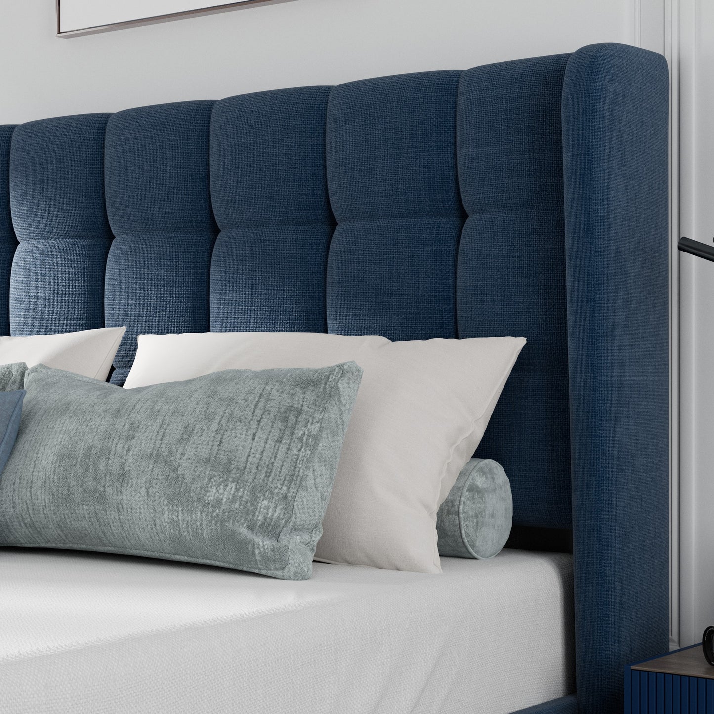 Allewie Platform Bed Frame with Wingback Fabric Upholstered Square Stitched Headboard and Wooden Slats, Grey