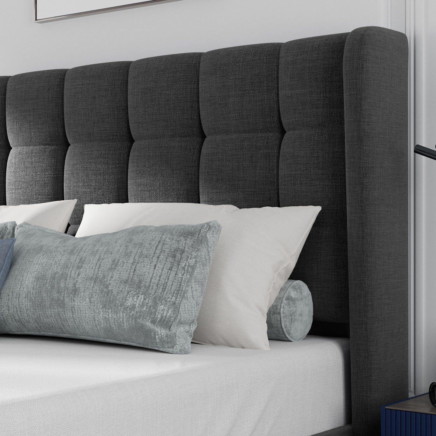 Allewie Platform Bed Frame with Wingback Fabric Upholstered Square Stitched Headboard and Wooden Slats, Grey
