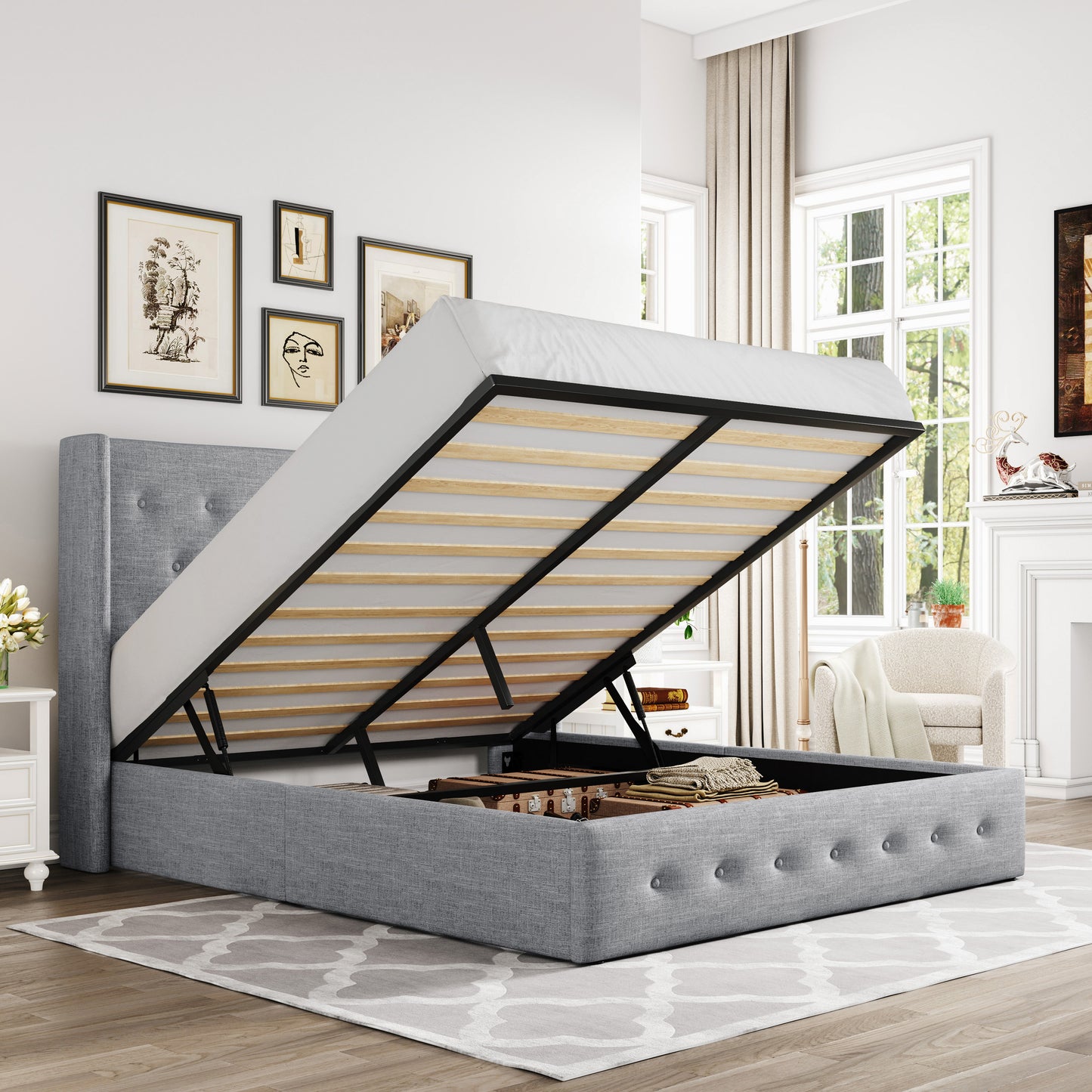 Allewie Lift Up Storage Upholstered Bed with Wingback Headboard