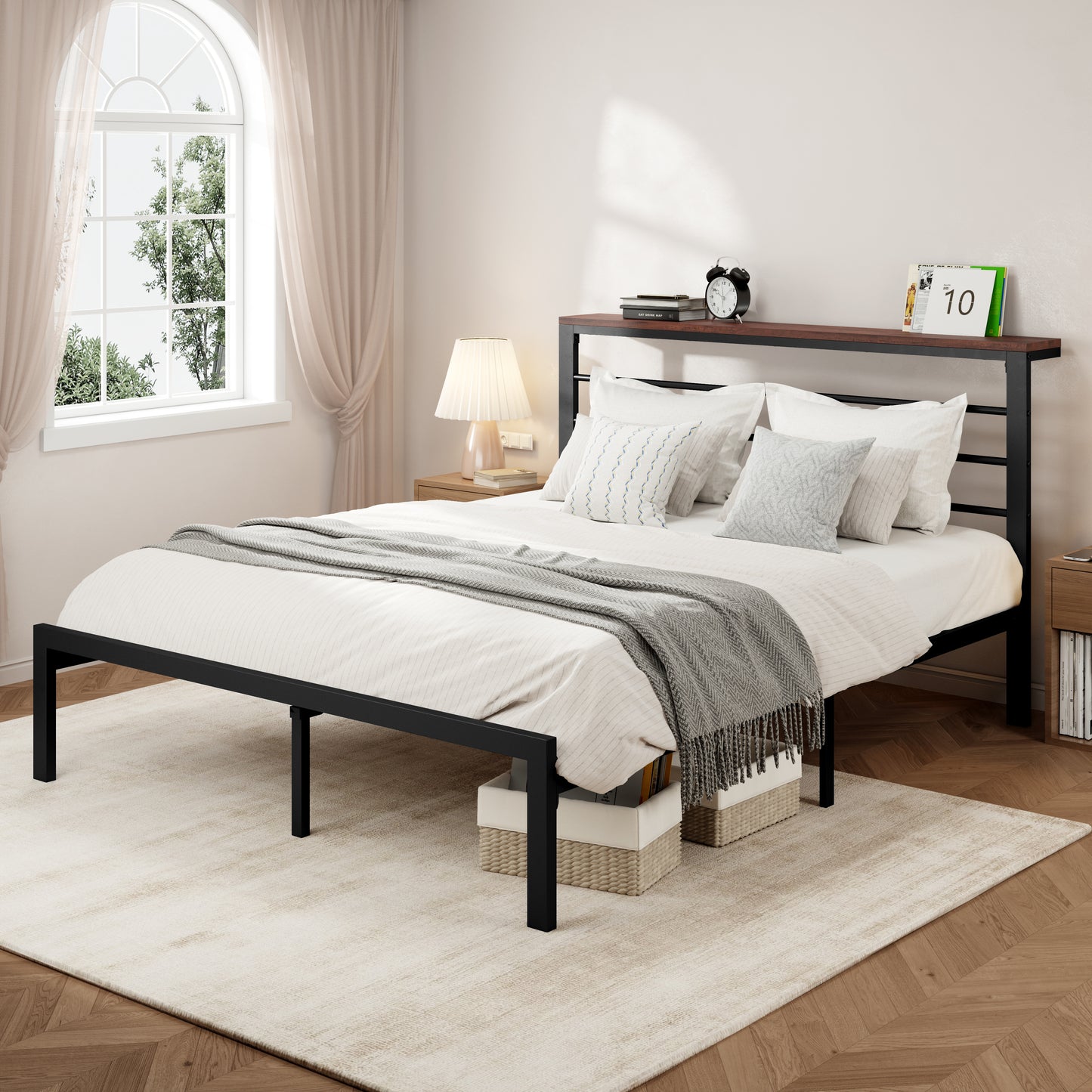 Allewie Modern Platform Bed Frame with 4.7" Headboard Shelf