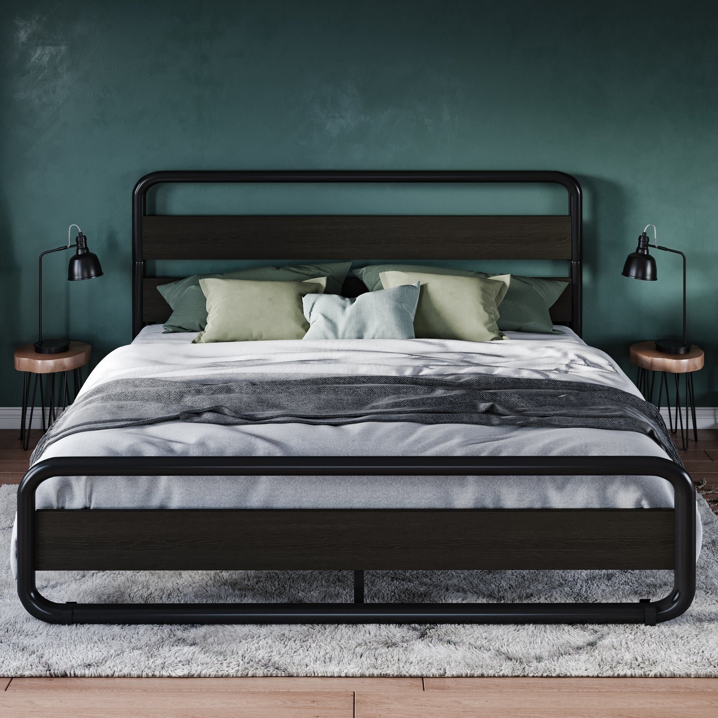 Allewie Metal Bed Frame with Wooden Headboard & Footboard, Heavy Duty Platform Frame with Under-Bed Storage