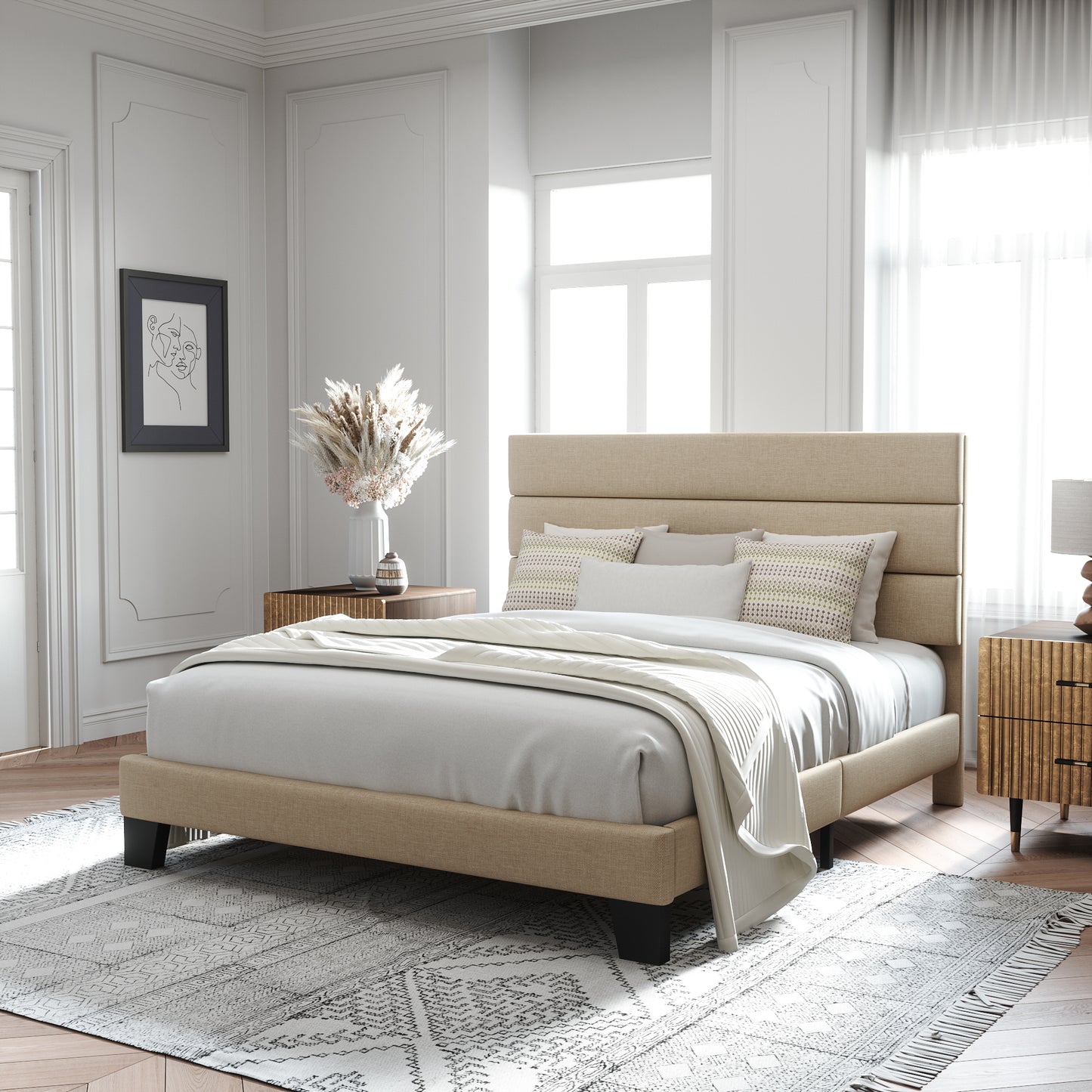 Allewie Full Size Platform Bed Frame with Velvet Upholstered Headboard and Wooden Slats Support, Black
