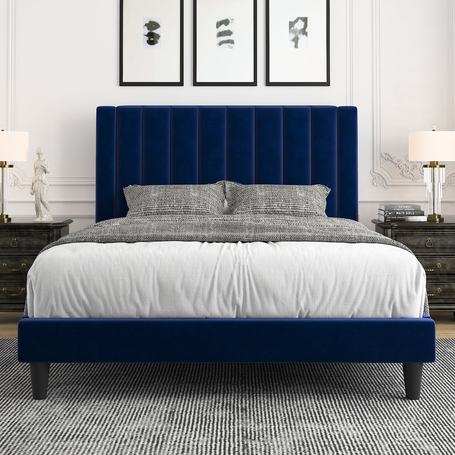 Allewie Velvet Upholstered Bed Frame with Vertical Channel Tufted Headboard, Navy Blue