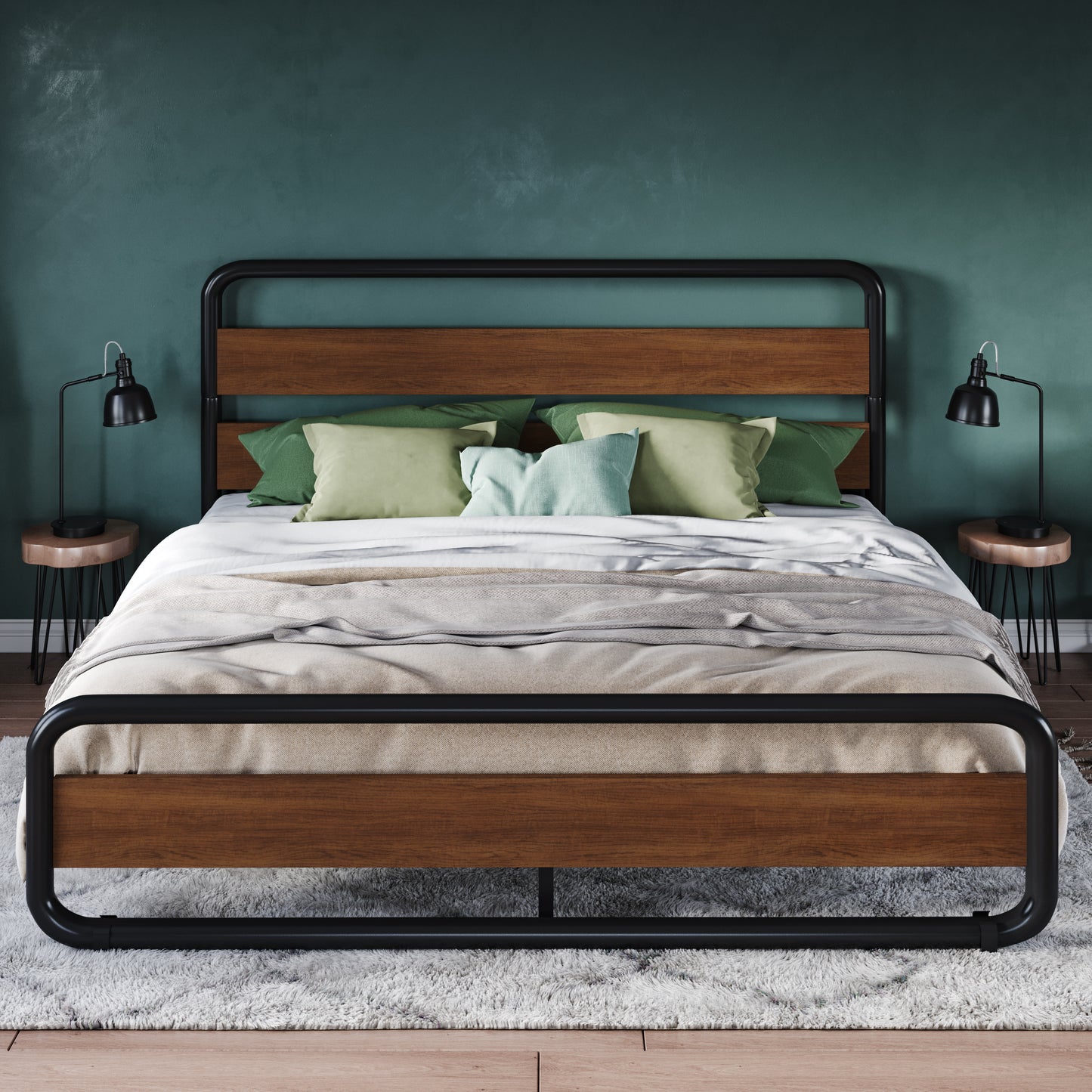 Allewie Metal Bed Frame with Wooden Headboard & Footboard, Heavy Duty Platform Frame with Under-Bed Storage