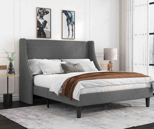 Allewie Queen Size Fabric Upholstered Platform Bed Frame with Wingback Headboard, Light Grey