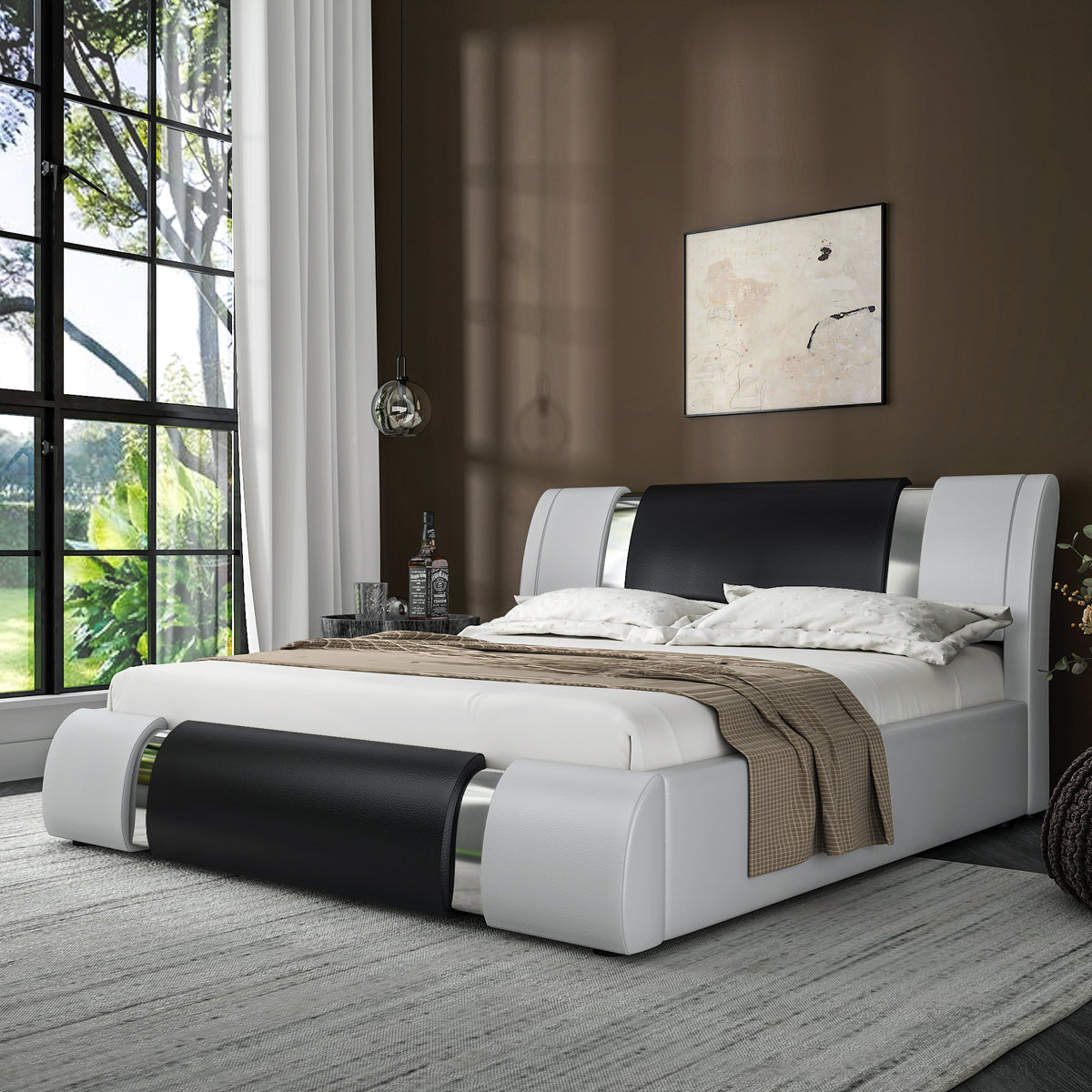 Allewie Queen Size Faux Leather Upholstered Platform Bed with Iron Pie