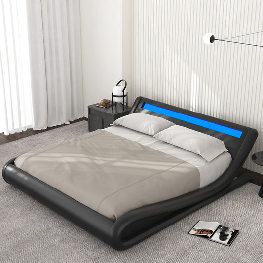 Allewie Full Size Wave-Like Curve Deluxe Upholstered Modern Bed Frame with LED Headboard