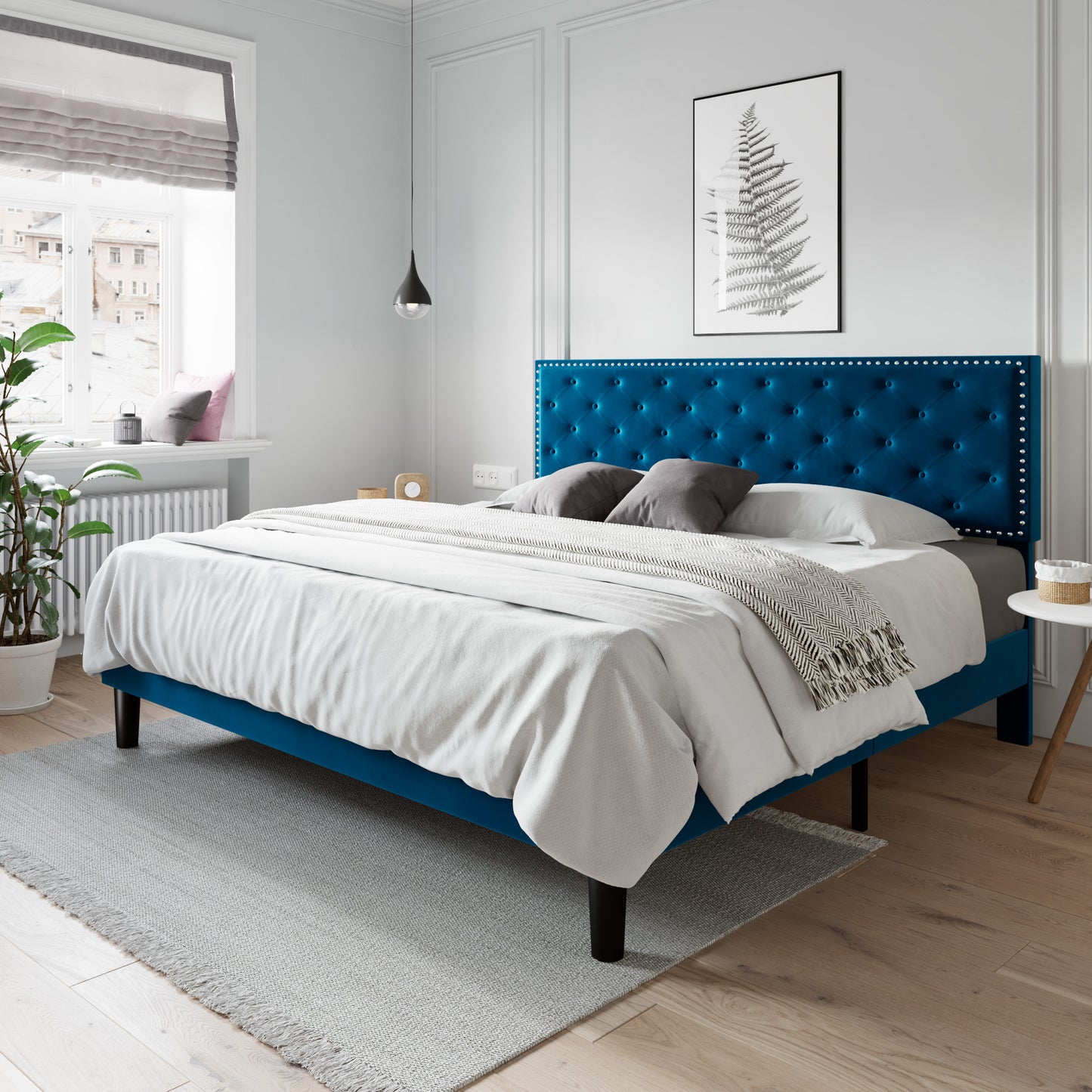 Allewie Bed Frame, Velvet Upholstered Platform Bed with Adjustable Diamond Button Tufted & Nailhead Trim Headboard