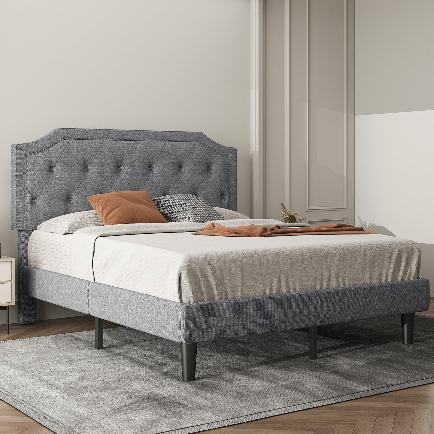 Allewie Upholstered Platform Bed Frame with Diamond Button Tufted Headboard, Sturdy Wood Slat Support