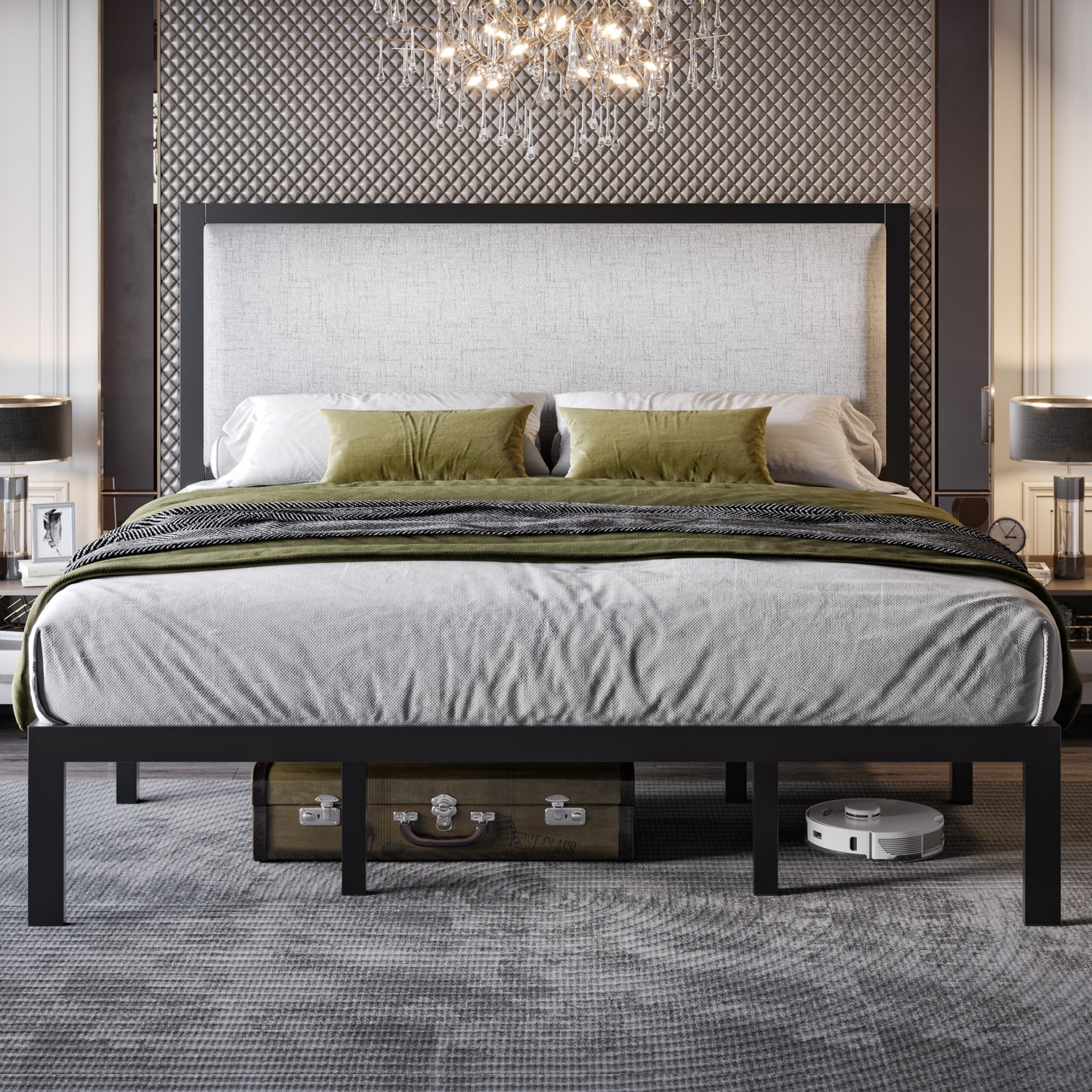 Allewie Metal Platform Bed Frame with Fabric Upholstered Headboard, Heavy Duty Steel Structure, Grey