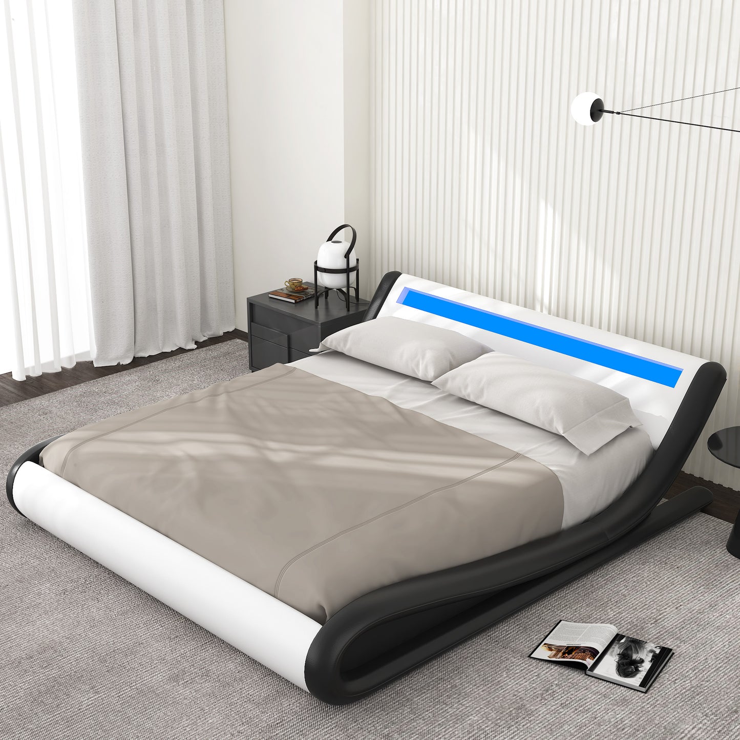 Allewie Full Size Wave-Like Curve Deluxe Upholstered Modern Bed Frame with LED Headboard