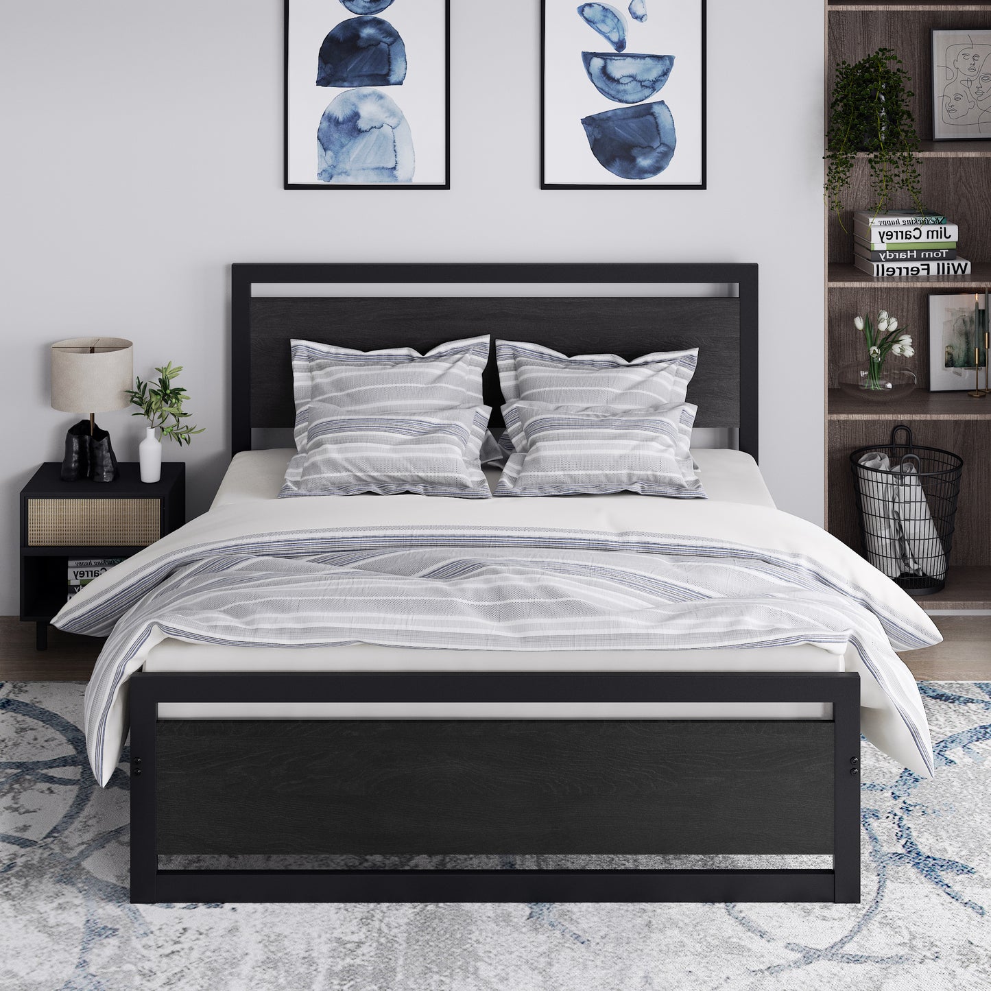 Allewie Queen Size Platform Metal Black Bed Frame with Wooden Headboard&Footboard