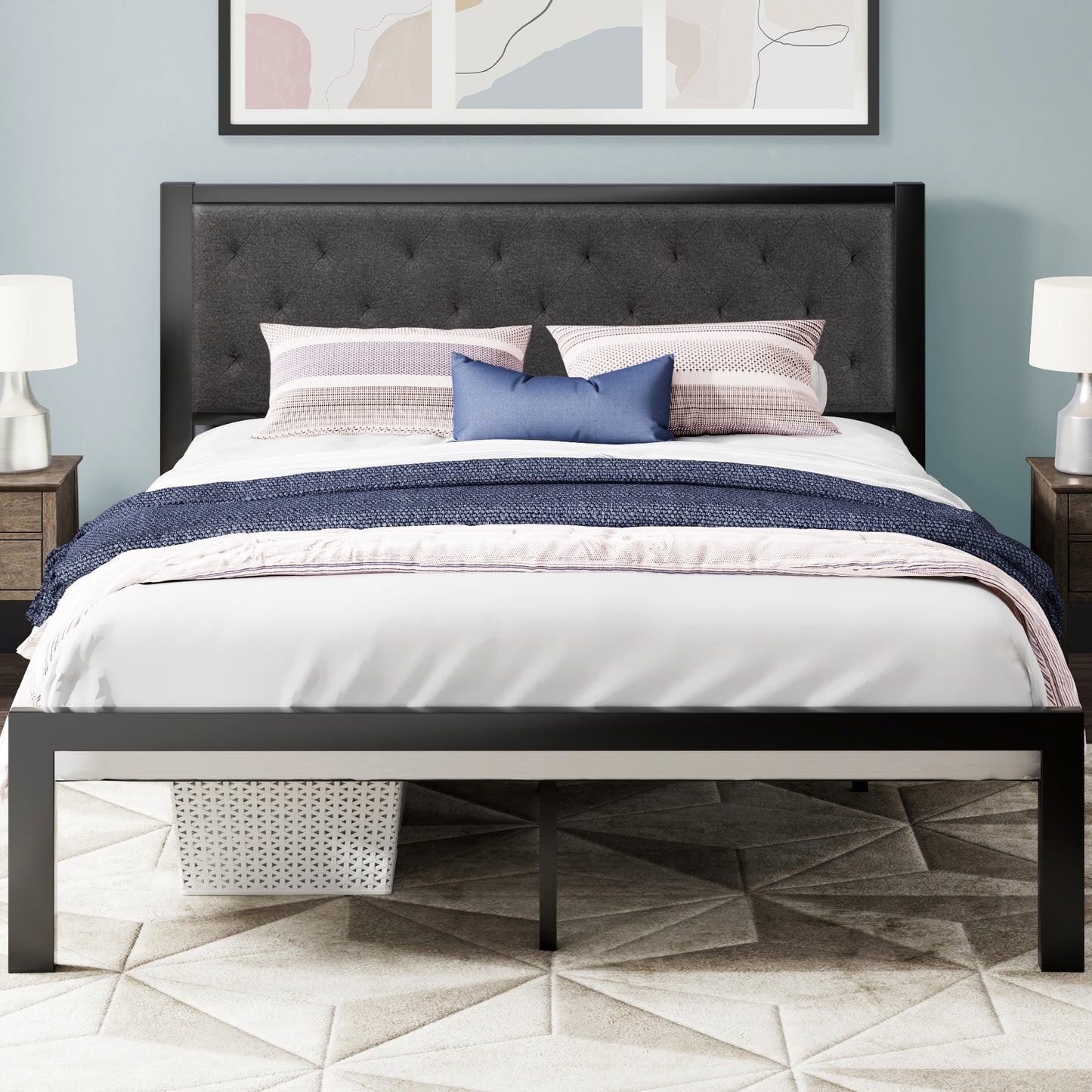 Allewie Metal Platform Bed frame with Tufted Diamond Stitched Fabric Headboard, Strong Steal Slats Support