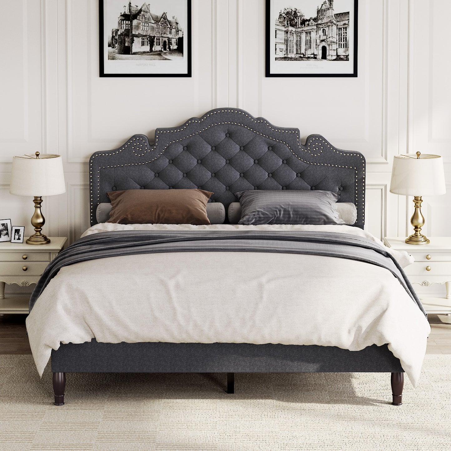 Allewie Platform Bed Frame with Upholstered Diamond Button Tufted Adjustable Fabric Headboard, Dark Grey