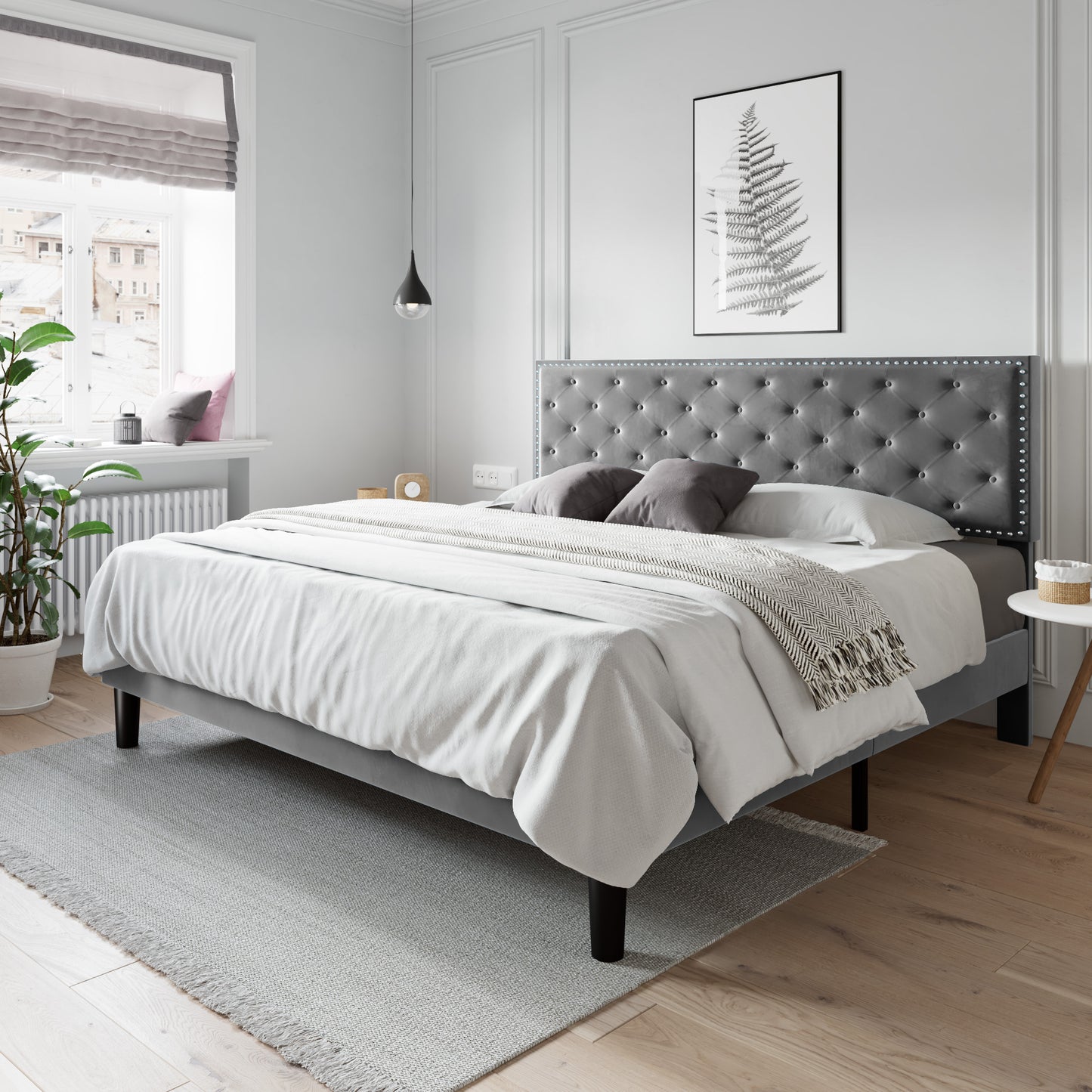 Allewie Bed Frame, Velvet Upholstered Platform Bed with Adjustable Diamond Button Tufted & Nailhead Trim Headboard