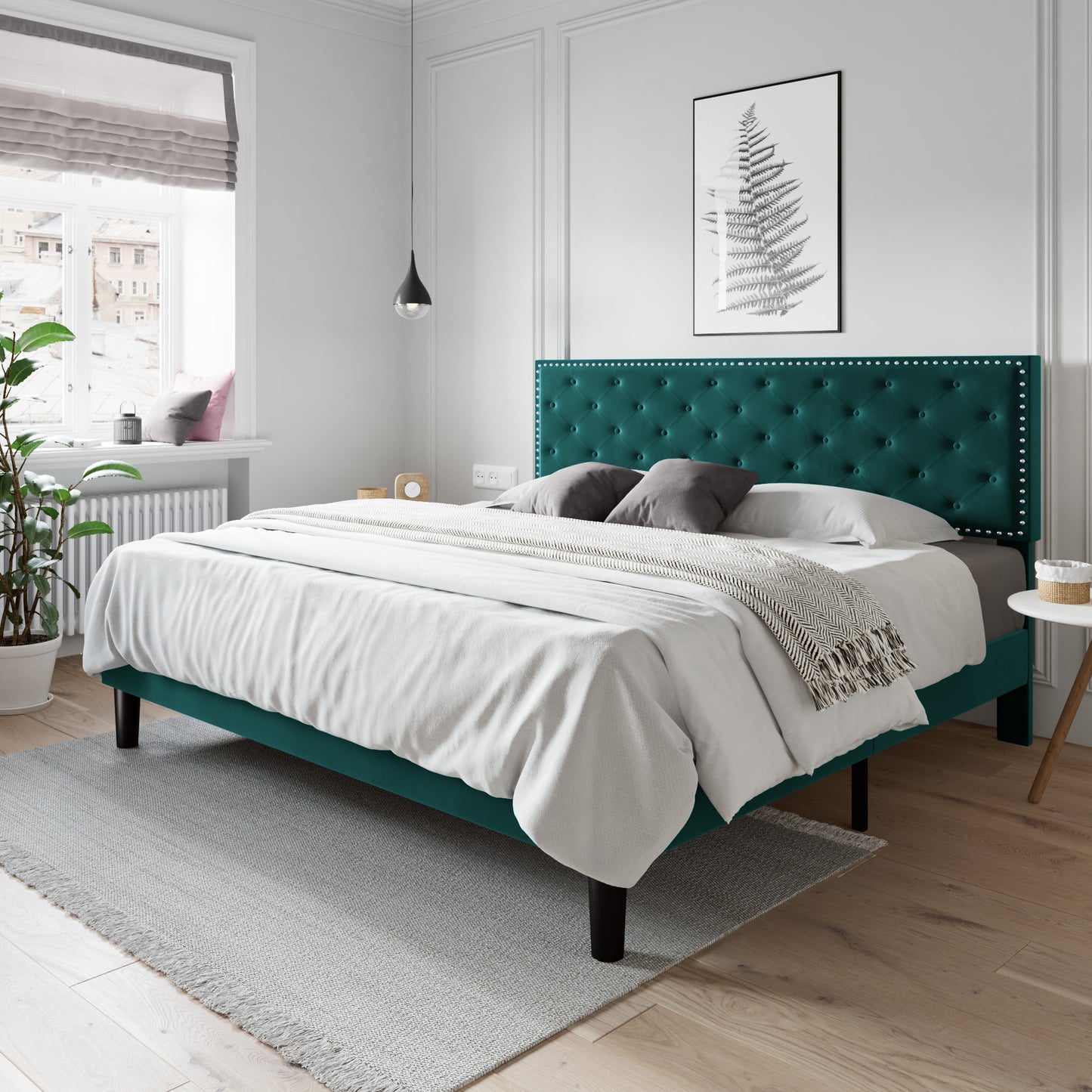 Allewie Bed Frame, Velvet Upholstered Platform Bed with Adjustable Diamond Button Tufted & Nailhead Trim Headboard