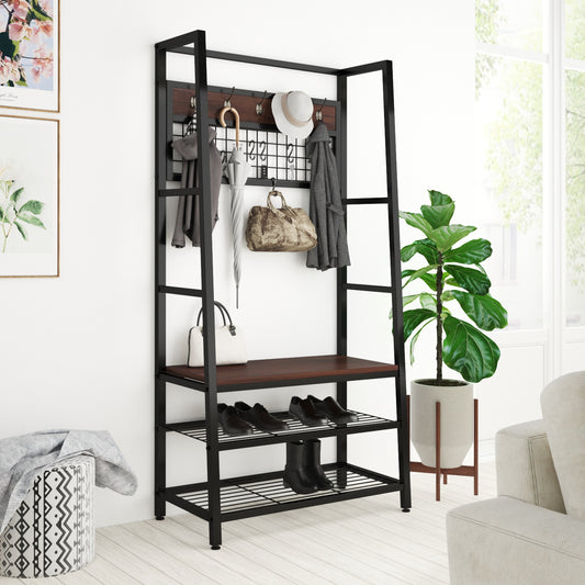 Allewie Brown Industrial Hall Tree with 3-Tier Storage Shelves, Metal Frame Coat Rack Shoe Bench with Removable Hooks