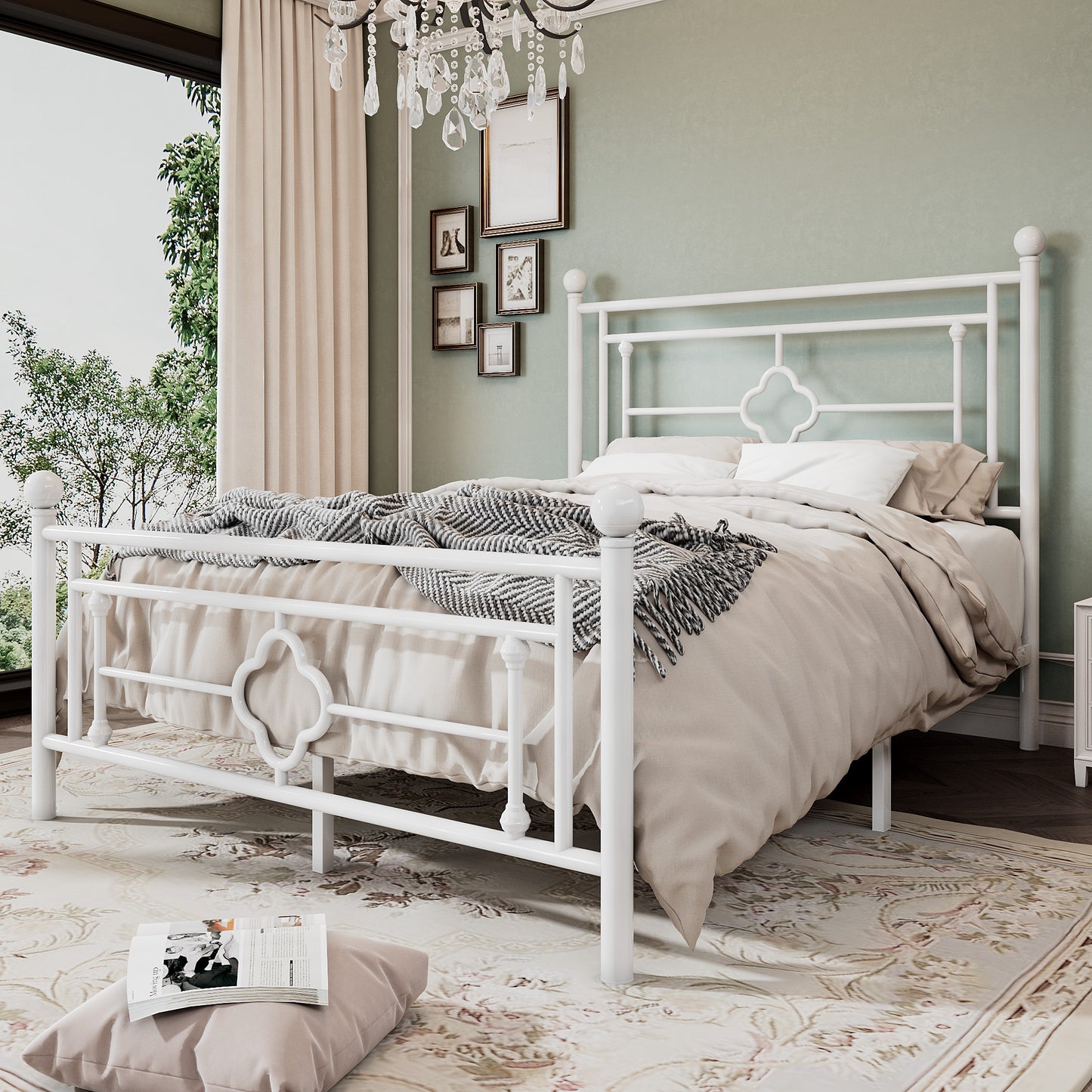 Allewie Metal Platform Bed Frame with Victorian Vintage Headboard and Footboard, Black