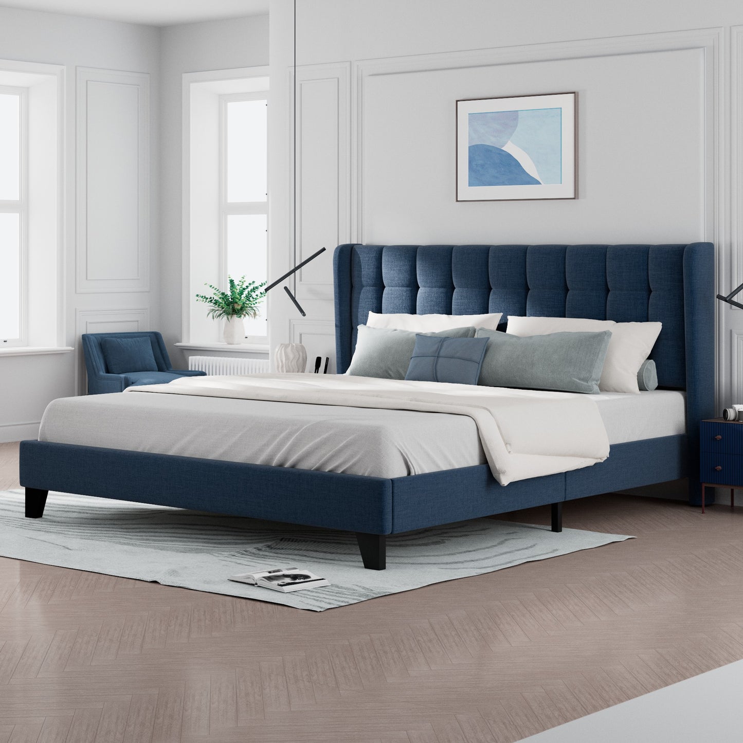 Allewie Platform Bed Frame with Wingback Fabric Upholstered Square Stitched Headboard and Wooden Slats, Grey