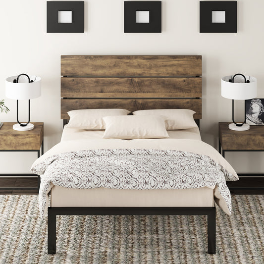 Allewie Rustic Country Style Wooden Headboard Metal Platform Bed with Strong Metal Slats