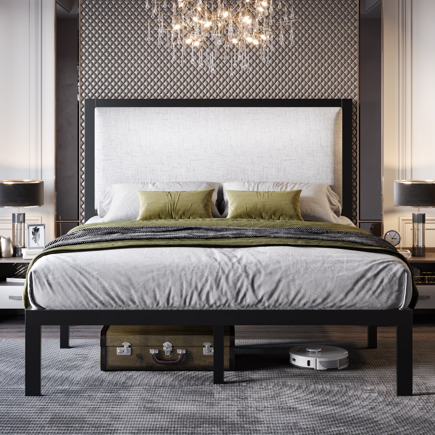 Allewie Full Size Platform Bed Frame with Fabric Upholstered Headboard,  Dark Grey 