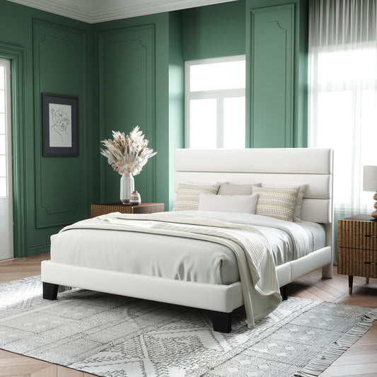 Allewie Platform Bed Frame with Velvet Upholstered Headboard, Easy Assembly, No Box Spring Needed, White