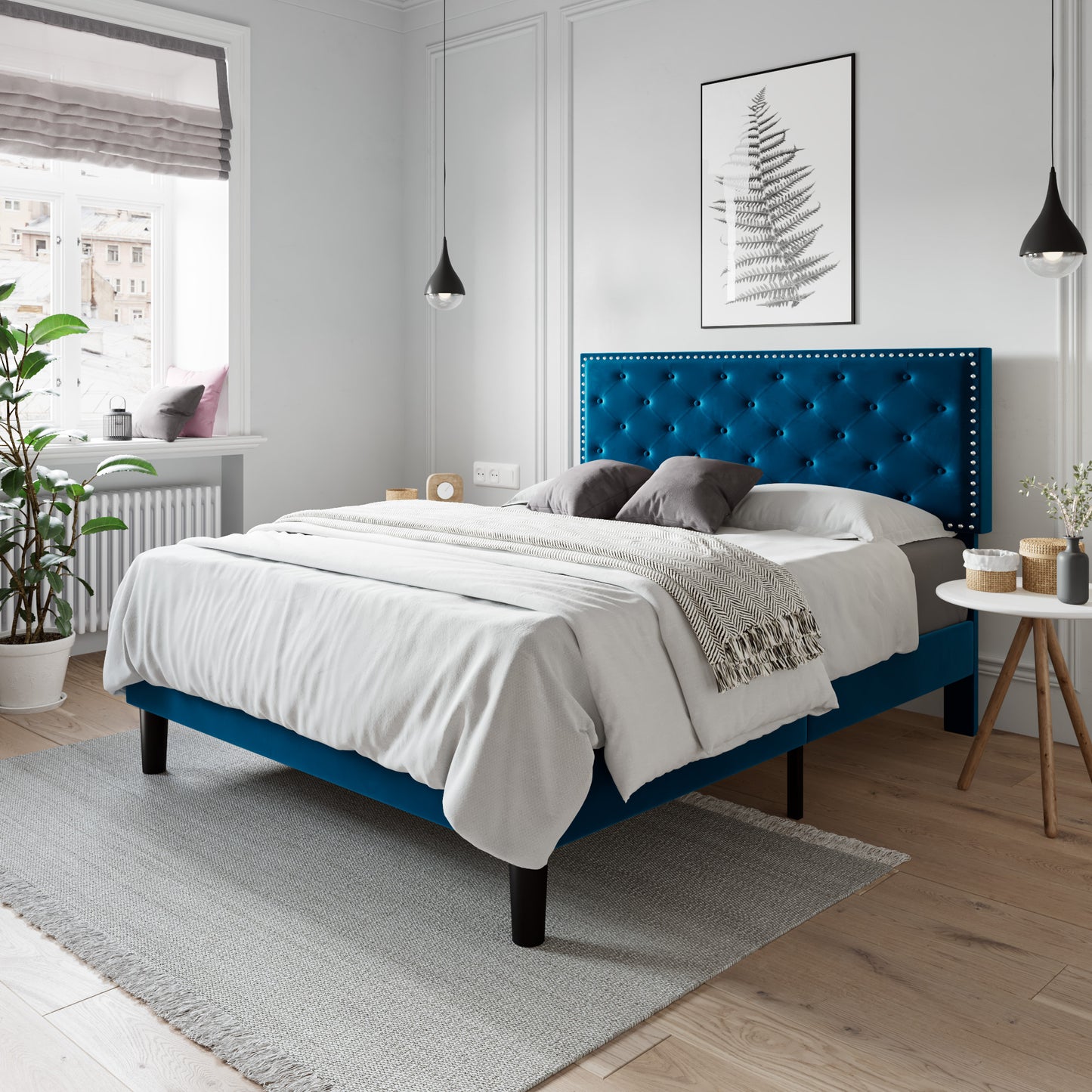 Allewie Bed Frame, Velvet Upholstered Platform Bed with Adjustable Diamond Button Tufted & Nailhead Trim Headboard