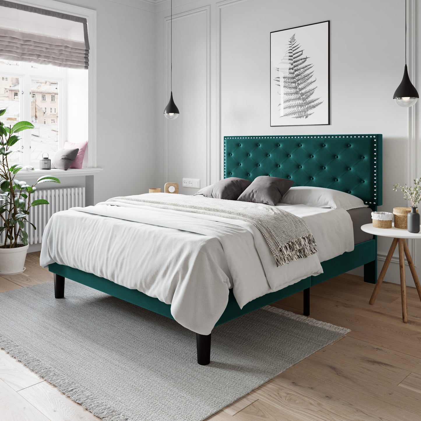 Allewie Bed Frame, Velvet Upholstered Platform Bed with Adjustable Diamond Button Tufted & Nailhead Trim Headboard