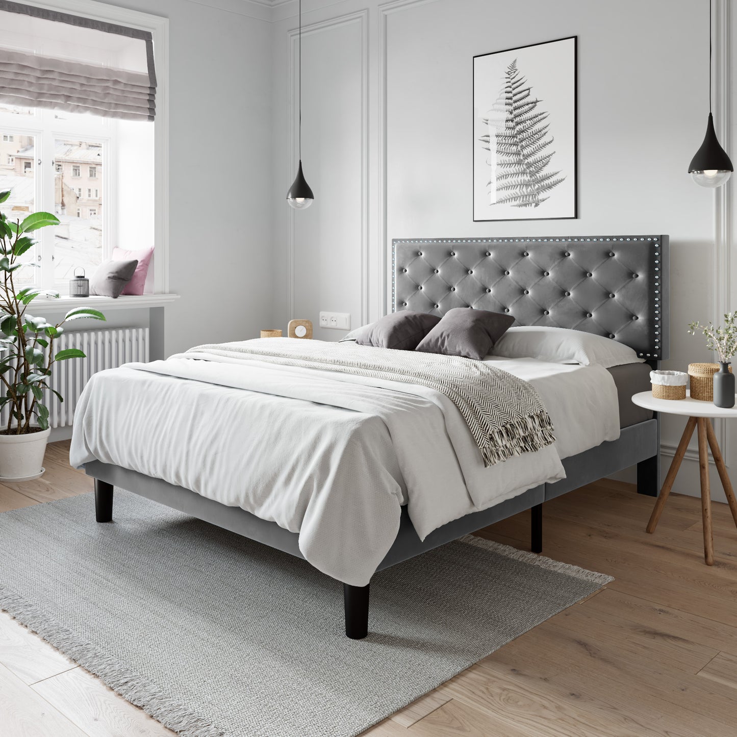 Allewie Bed Frame, Velvet Upholstered Platform Bed with Adjustable Diamond Button Tufted & Nailhead Trim Headboard