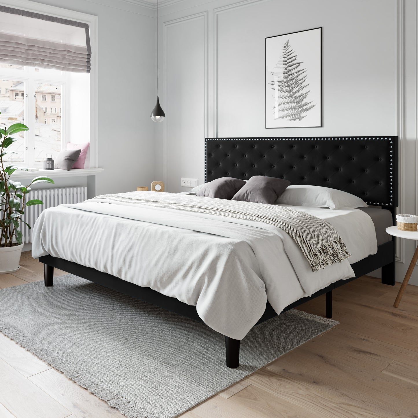 Allewie Bed Frame, Velvet Upholstered Platform Bed with Adjustable Diamond Button Tufted & Nailhead Trim Headboard