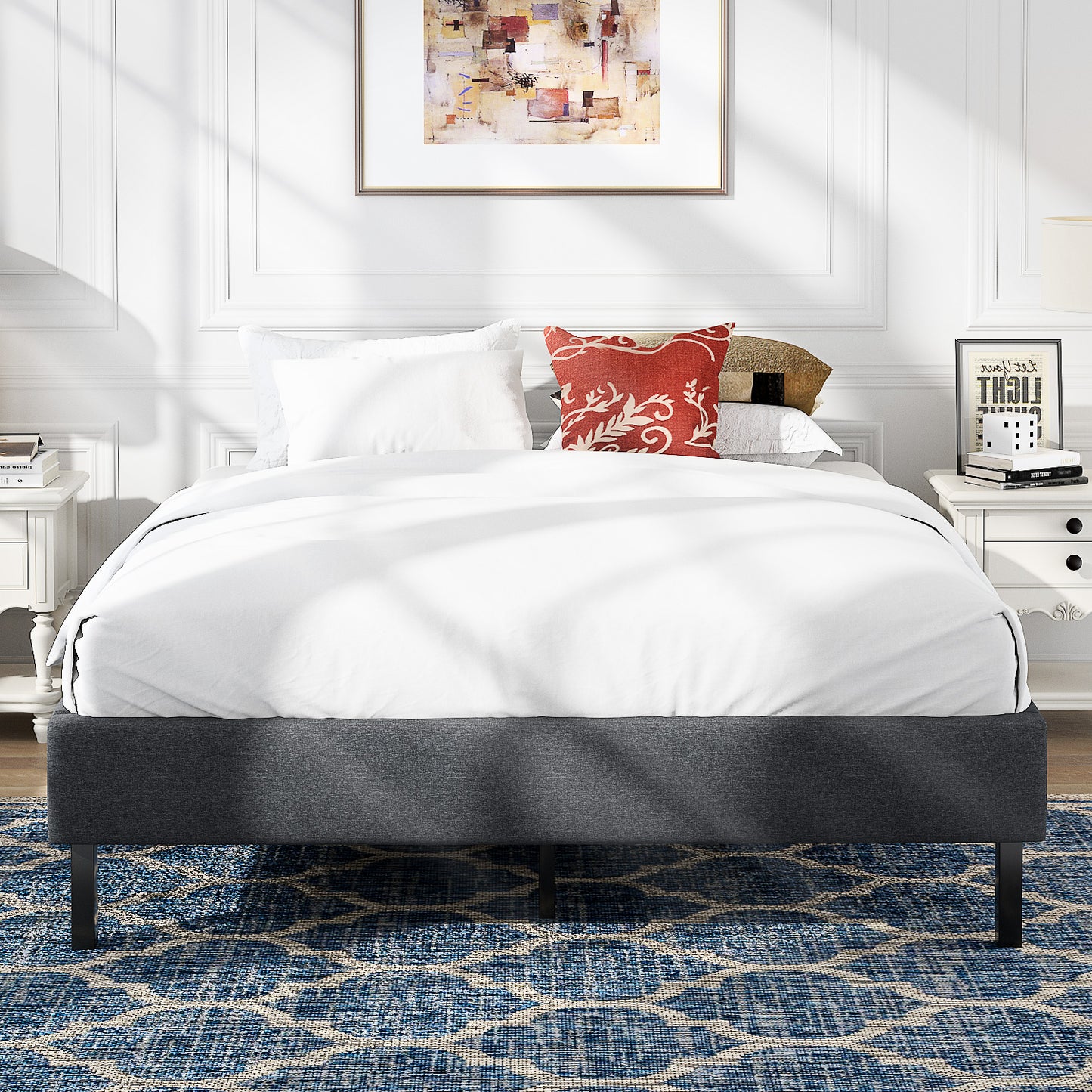 Allewie Upholstered Platform Bed Frame / No Box Spring Needed / Wood Slat Support / Easy Assembly, Mattress Foundation, Grey