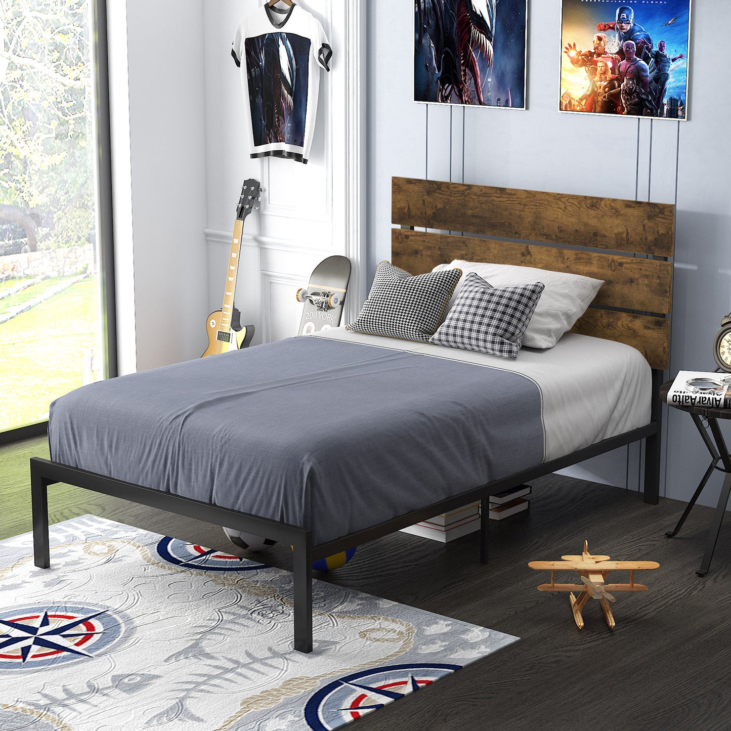 Allewie Rustic Country Style Wooden Headboard Metal Platform Bed with Strong Metal Slats