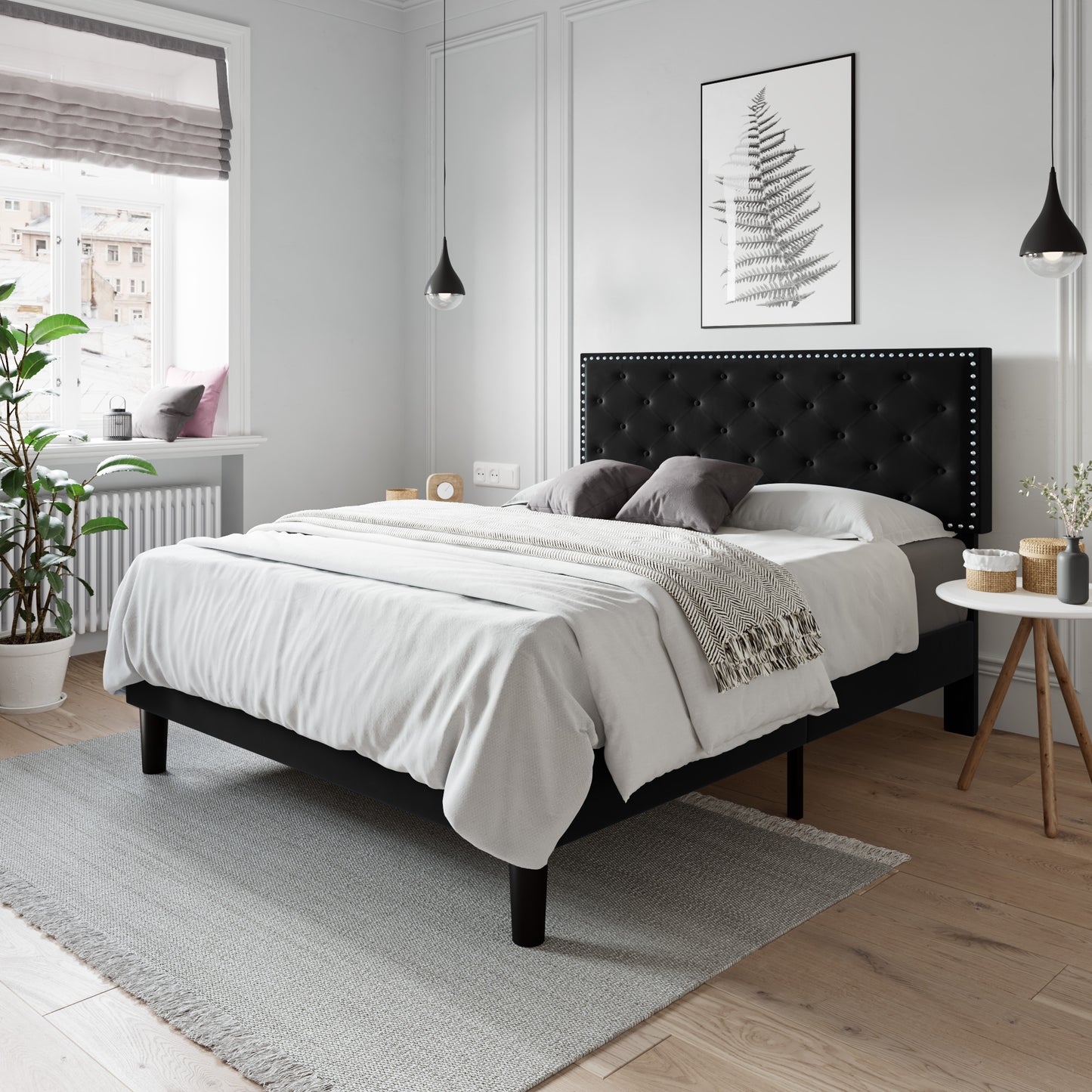 Allewie Bed Frame, Velvet Upholstered Platform Bed with Adjustable Diamond Button Tufted & Nailhead Trim Headboard