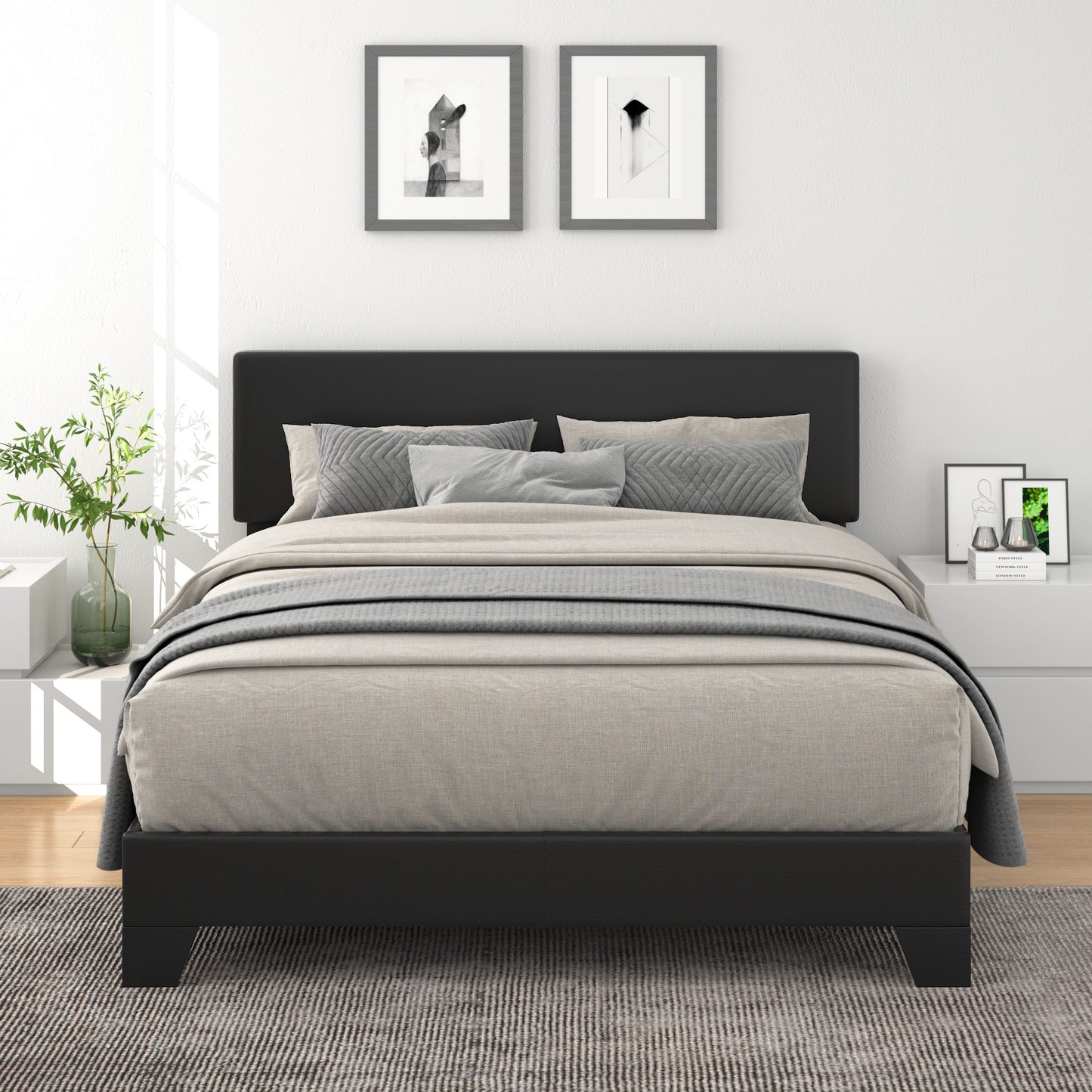 Allewie Platform Bed Fame with Upholstered Adjustable Leather Headboard, Black