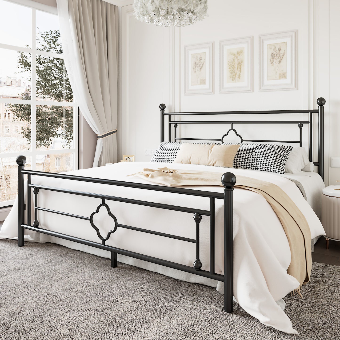 Allewie Metal Platform Bed Frame with Victorian Vintage Headboard and Footboard, Black