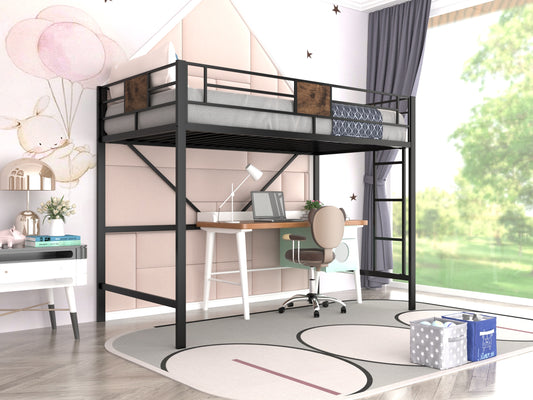 Allewie Metal Twin Size Loft Beds Frame with Stairs & Full-Length Guardrail, Space-Saving, Black