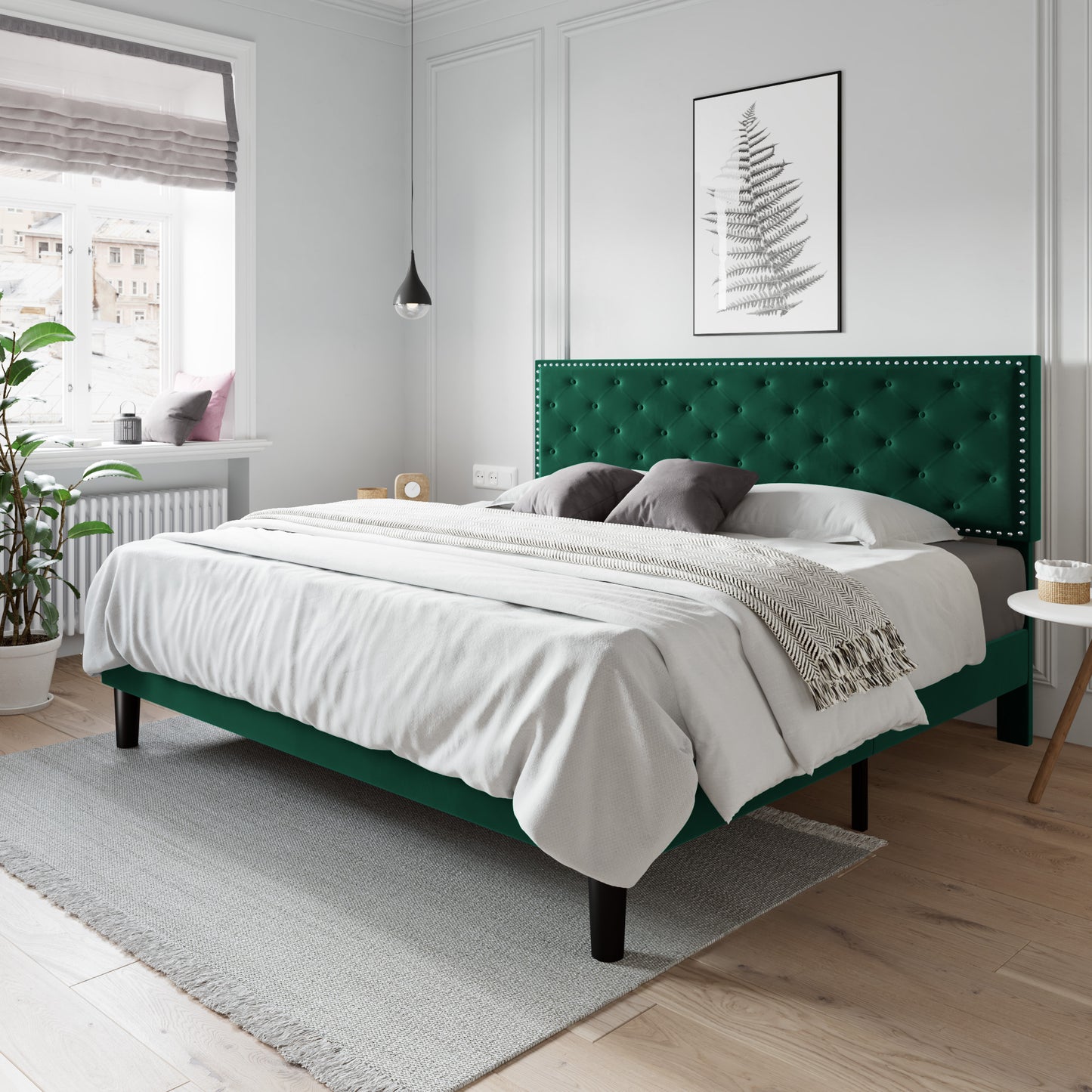 Allewie Bed Frame, Velvet Upholstered Platform Bed with Adjustable Diamond Button Tufted & Nailhead Trim Headboard