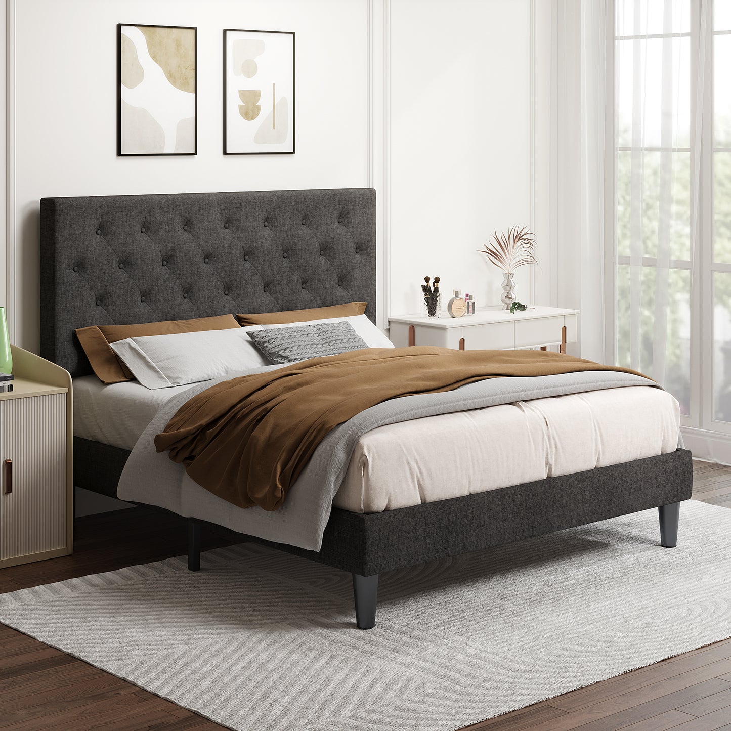 Allewie Faux Leather Upholstered Platform Bed Frame with Adjustable Diamond Stitched Button Tufted Headboard, White