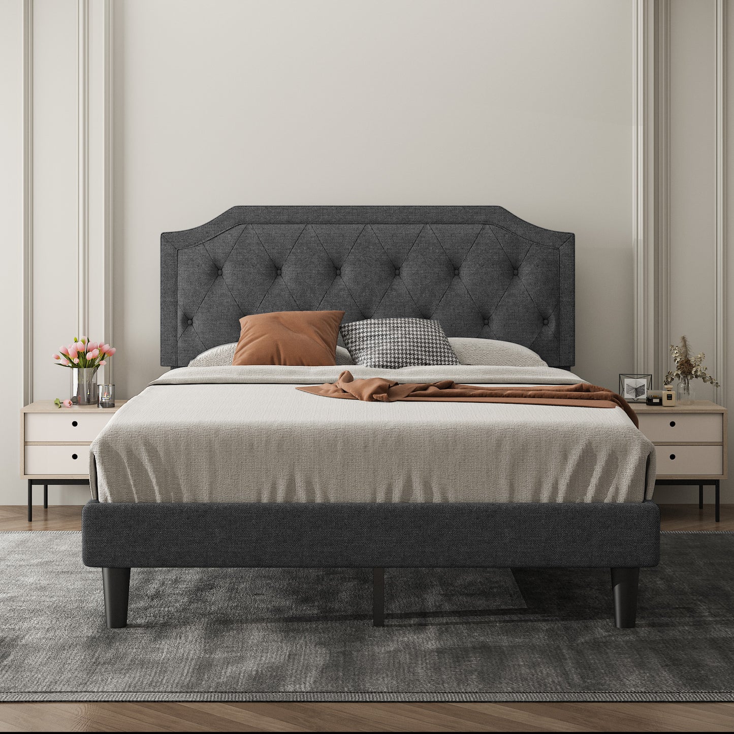 Allewie Upholstered Platform Bed Frame with Diamond Button Tufted Headboard, Sturdy Wood Slat Support