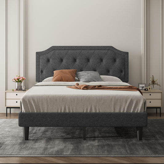 Allewie Upholstered Platform Bed Frame with Diamond Button Tufted Headboard, Sturdy Wood Slat Support
