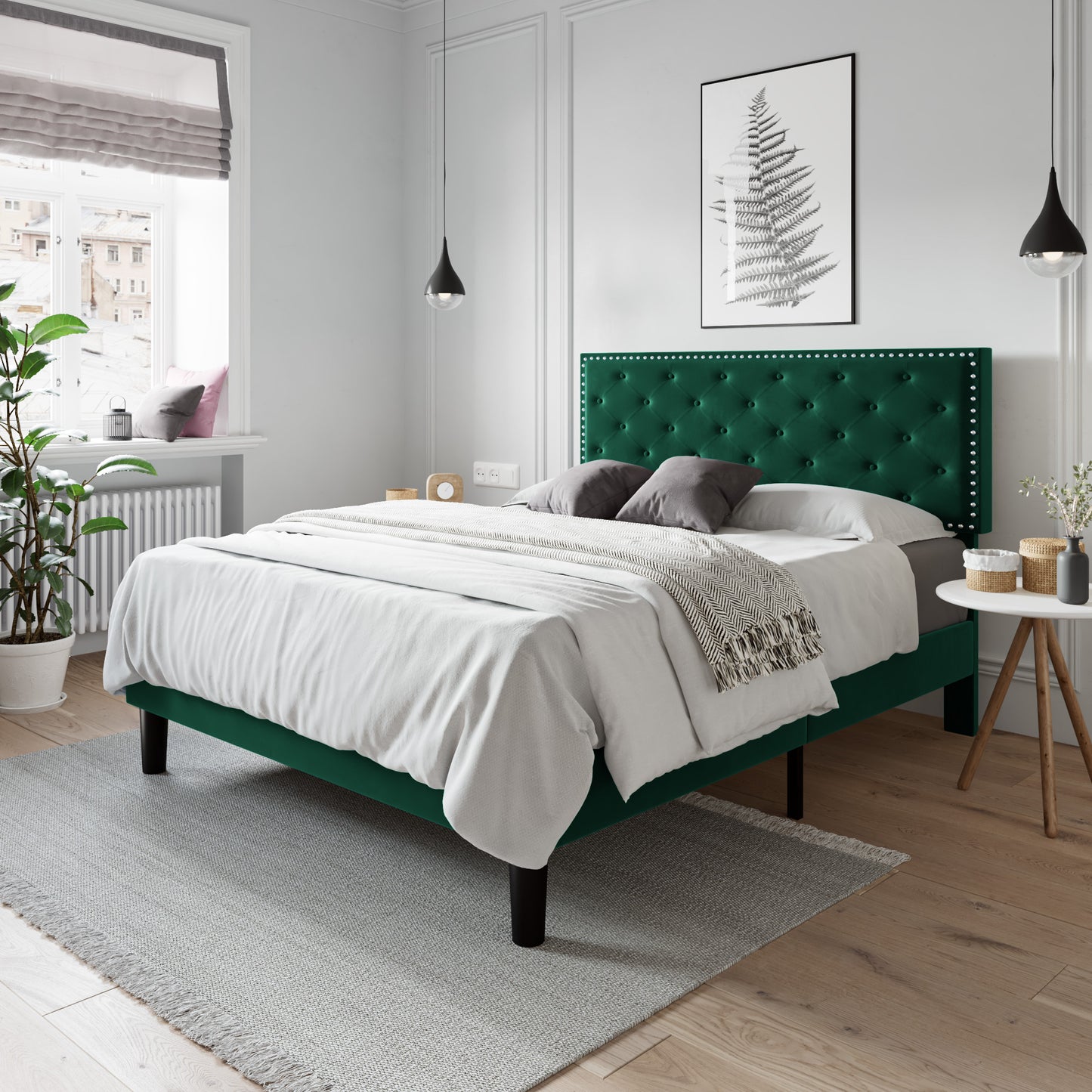 Allewie Bed Frame, Velvet Upholstered Platform Bed with Adjustable Diamond Button Tufted & Nailhead Trim Headboard