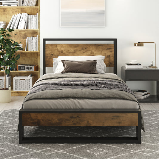 Allewie Brown Metal Platform Bed with Wooden Headboard & No Box Spring Needed