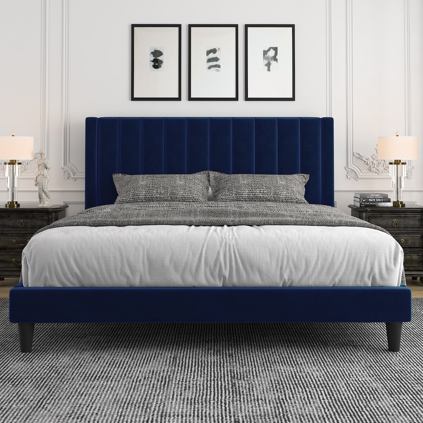Allewie Velvet Upholstered Bed Frame with Vertical Channel Tufted Headboard, Navy Blue