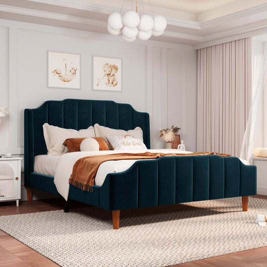 Allewie Queen Size Velvet Platform Bed Frame with Modern Curved Upholstered Headboard and Footboard